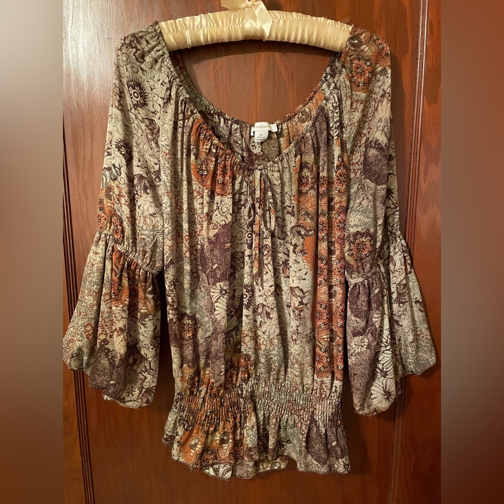 Dress Barn Boho Top, Burnt Orange, Rust, Brown, 3/4 sleeve, medium
